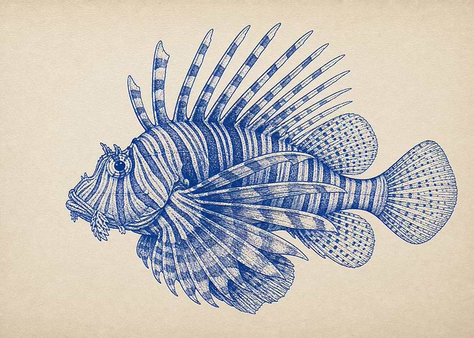 Vintage Style Blue Lionfish Illustration