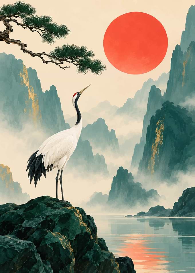 Red-Crowned Crane in Misty Mountains