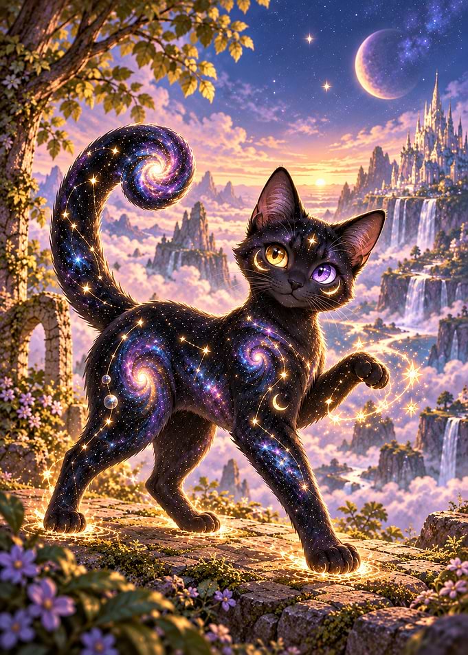 Cosmic Galaxy Cat in Fantasy Realm