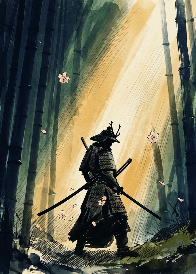 Samurai Bamboo Forest Japanese Ink Painting Cherry Blossom Sun Rays Warrior Wall Art Print
