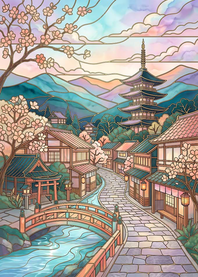 Stained Glass Japanese Village Scene