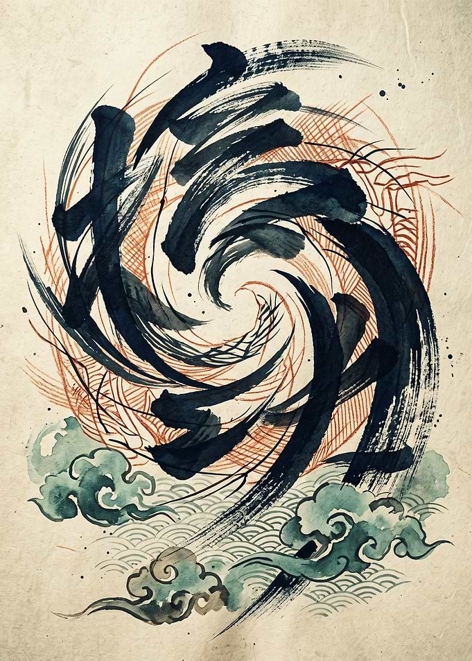 Japanese Calligraphy Kanji Art Ink Brush Vortex Wave Minimalist Oriental Wall Poster