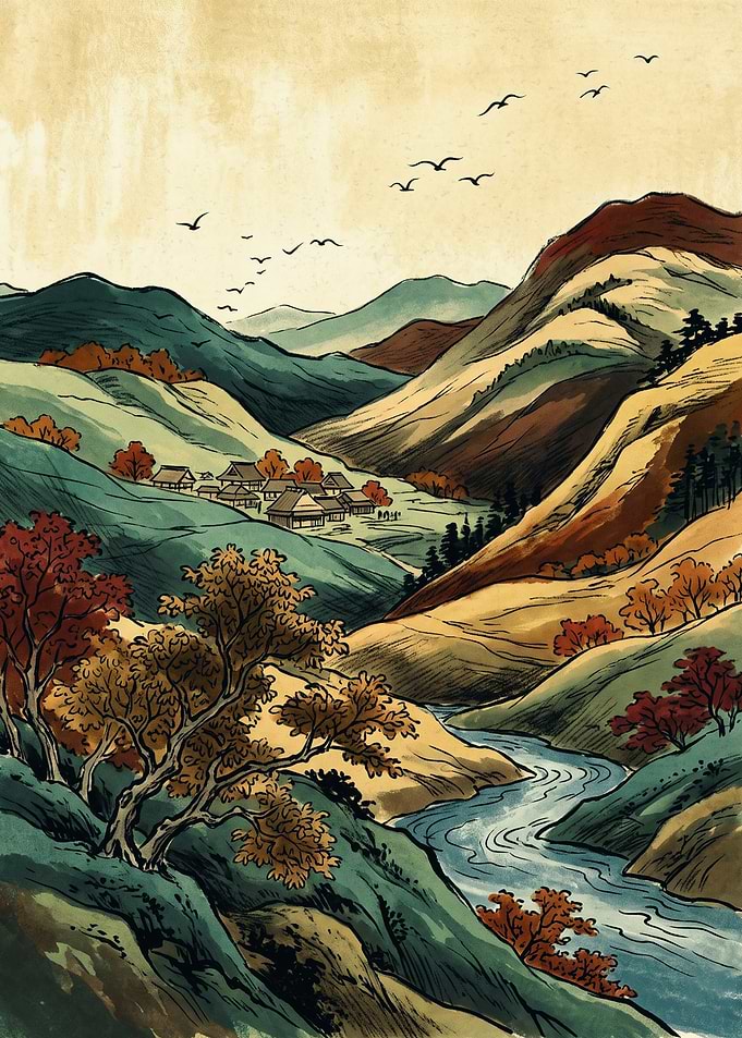 Japanese Landscape Ukiyo E Art Print Mountain River Valley Autumn Nature Wall Poster