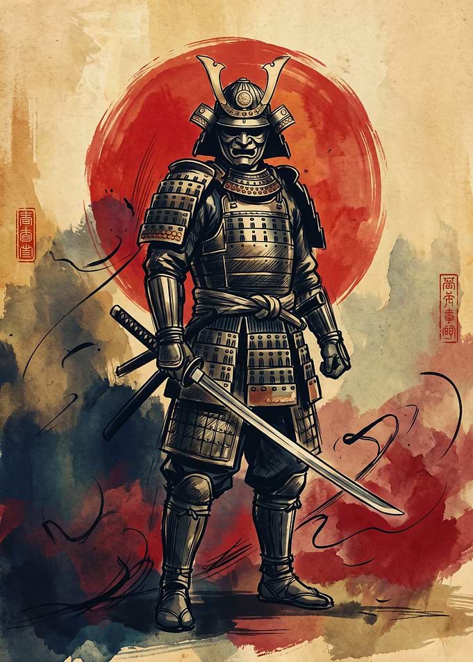 Samurai Warrior Japanese Watercolor Art Red Sun Katana Sword Vintage Aesthetic Poster