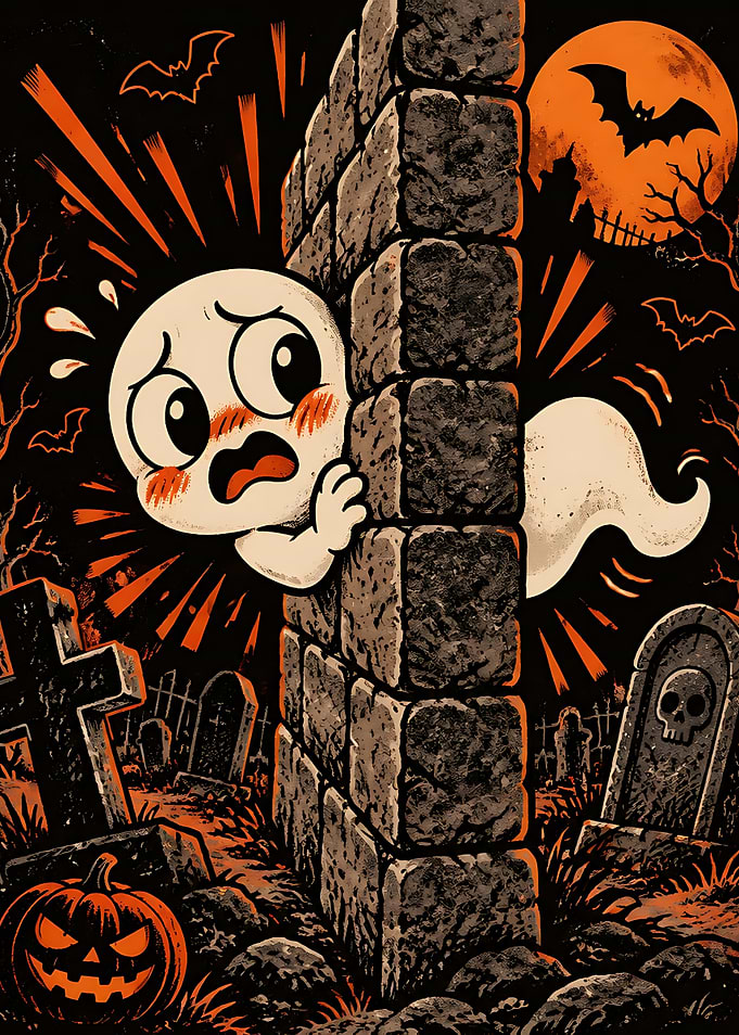 Cute Scared Ghost in Graveyard