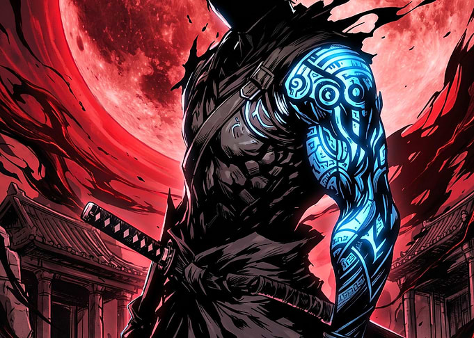 Glowing Tattoo Ninja Under Red Moon
