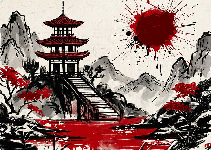 Japanese Pagoda with Red Sun Inkwash