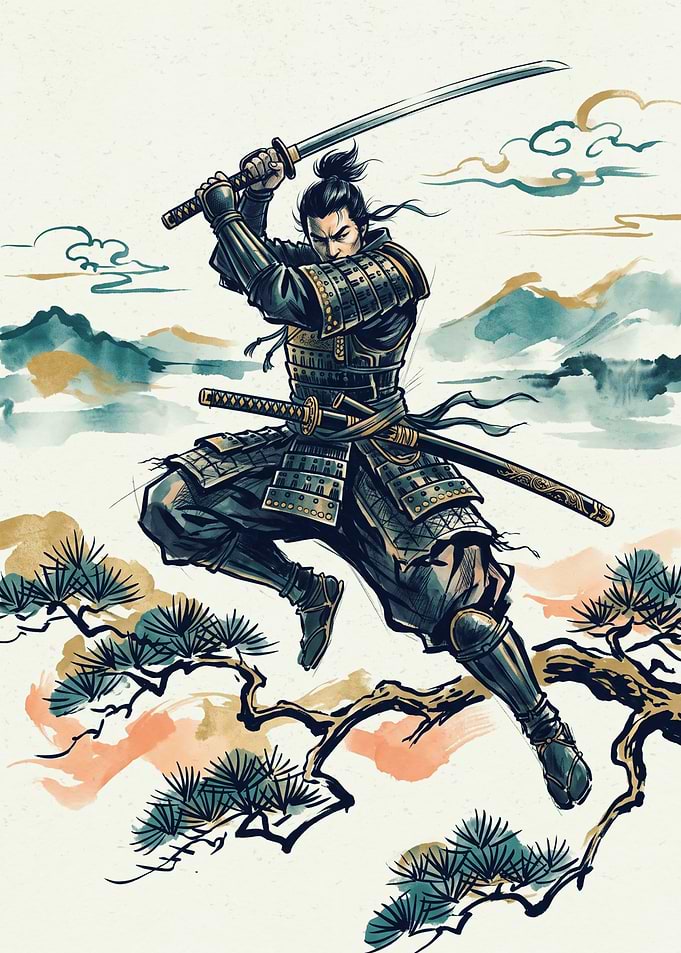 Samurai Warrior Japanese Watercolor Art Katana Sword Pine Tree Mountain Landscape Poster