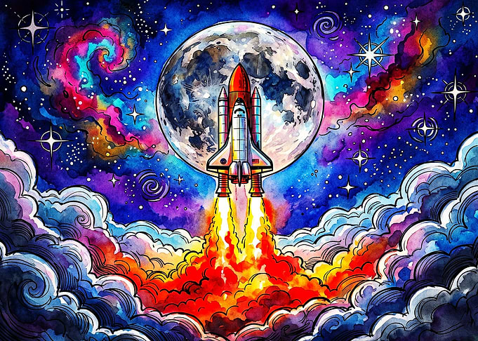 Space Shuttle Launching Past Moon