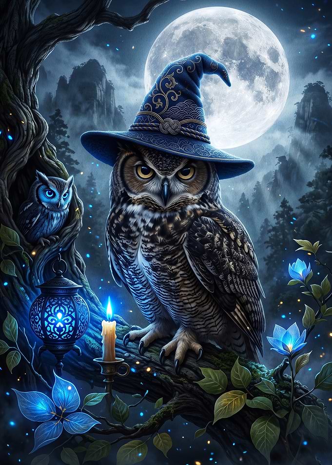 Wise Wizard Owl in Moonlight Forest