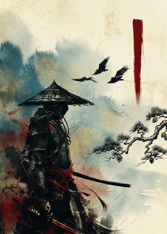 Samurai Warrior Japanese Watercolor Art Print Pine Tree Birds Red Brush Stroke Poster