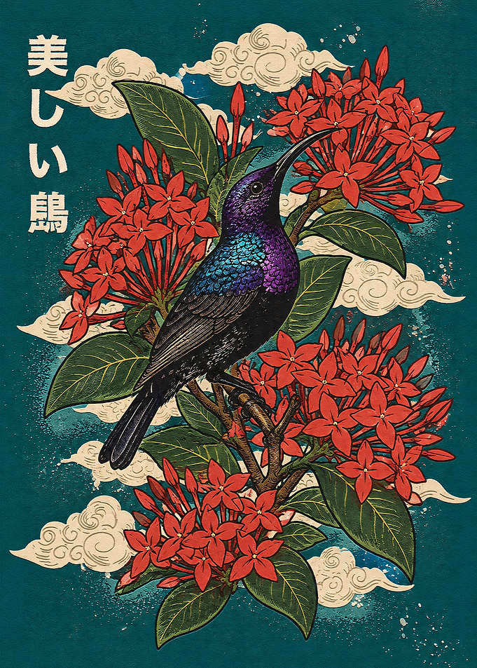 Japanese Style Hummingbird and Flowers