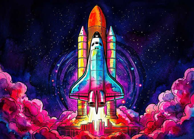 Vibrant Watercolor Space Shuttle Launch