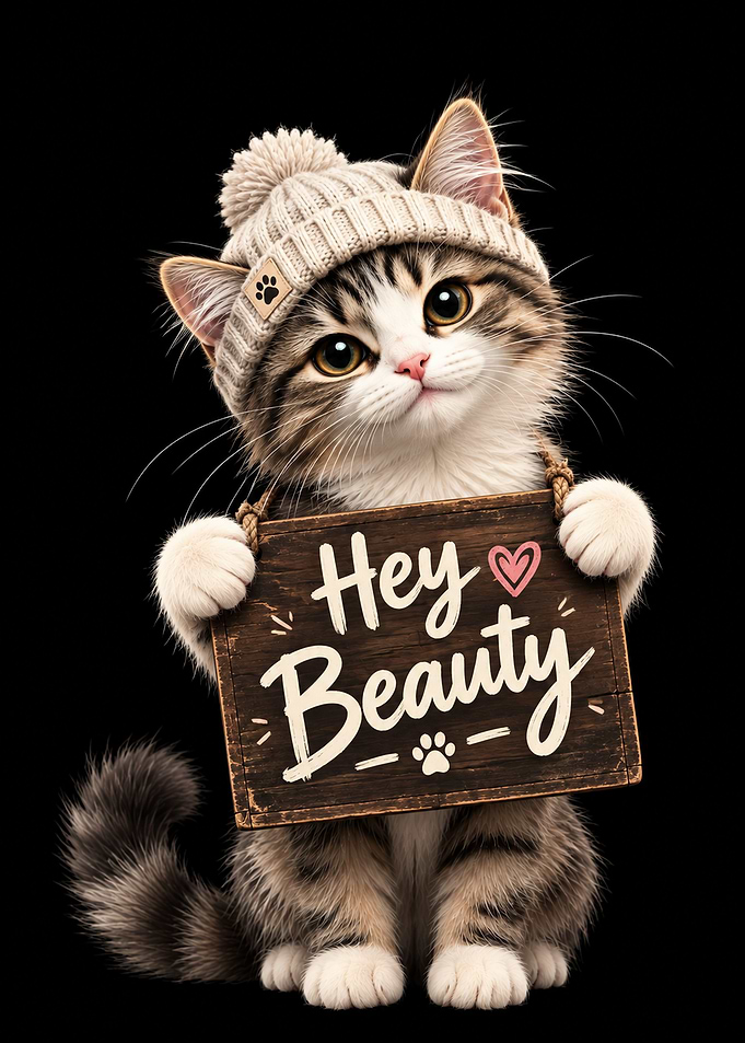 Cute Kitten Holding Hey Beauty Sign