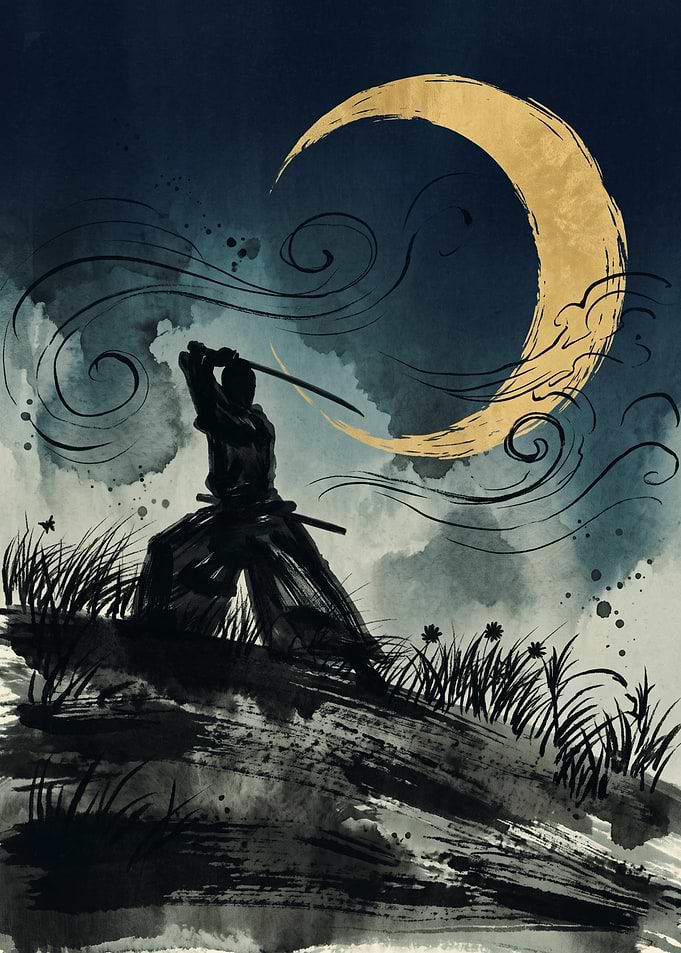 Samurai Warrior Japanese Ink Painting Golden Moon Night Wind Calligraphy Art Print