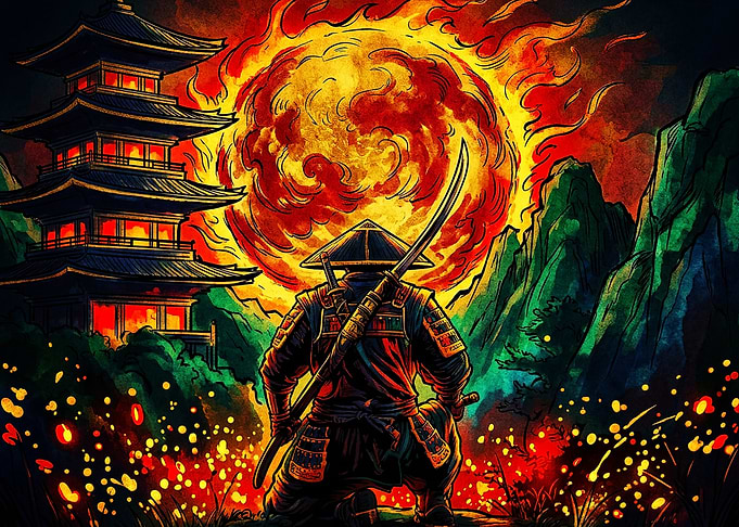 Samurai Facing a Fiery Sun