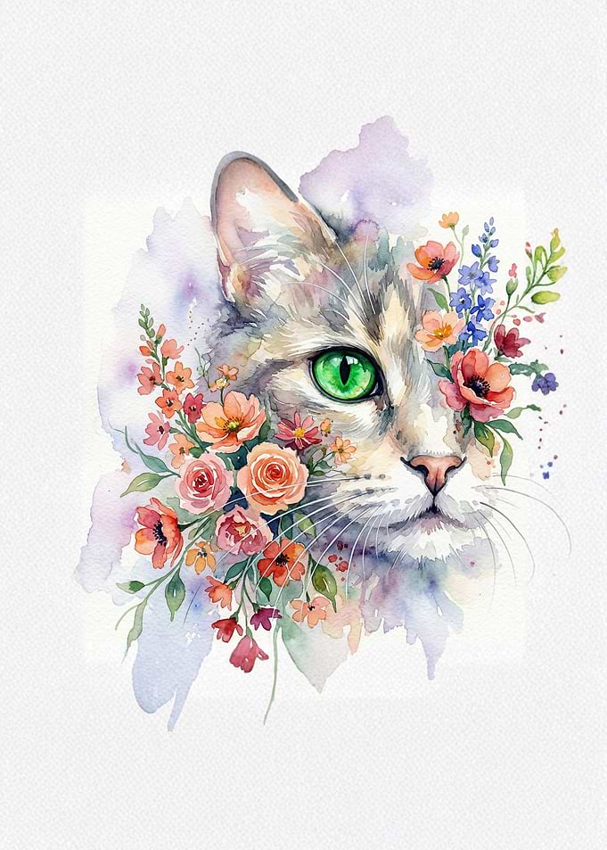 Watercolor Cat Portrait with Floral Accents