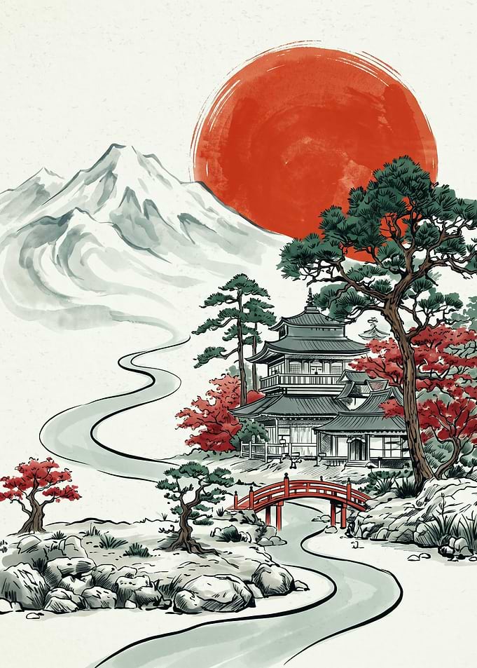 Japanese Mountain Pagoda Red Sun Ink Wash Painting Style Watercolor Landscape Wall Poster
