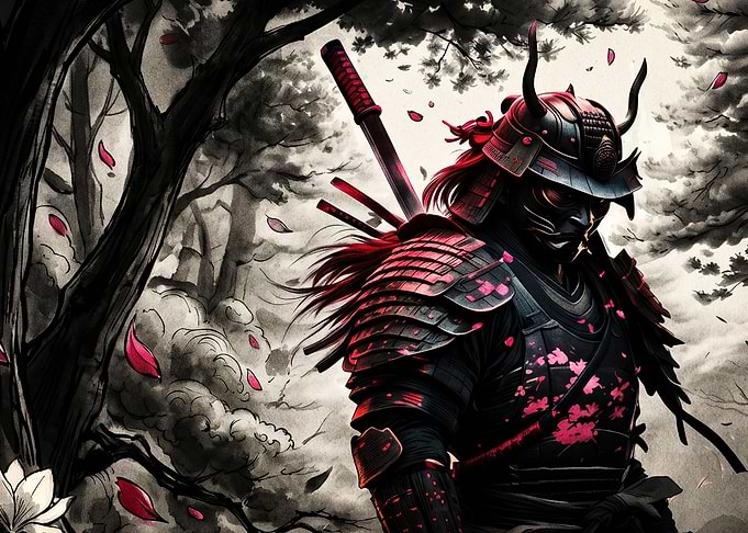 Samurai Warrior in Cherry Blossom Forest