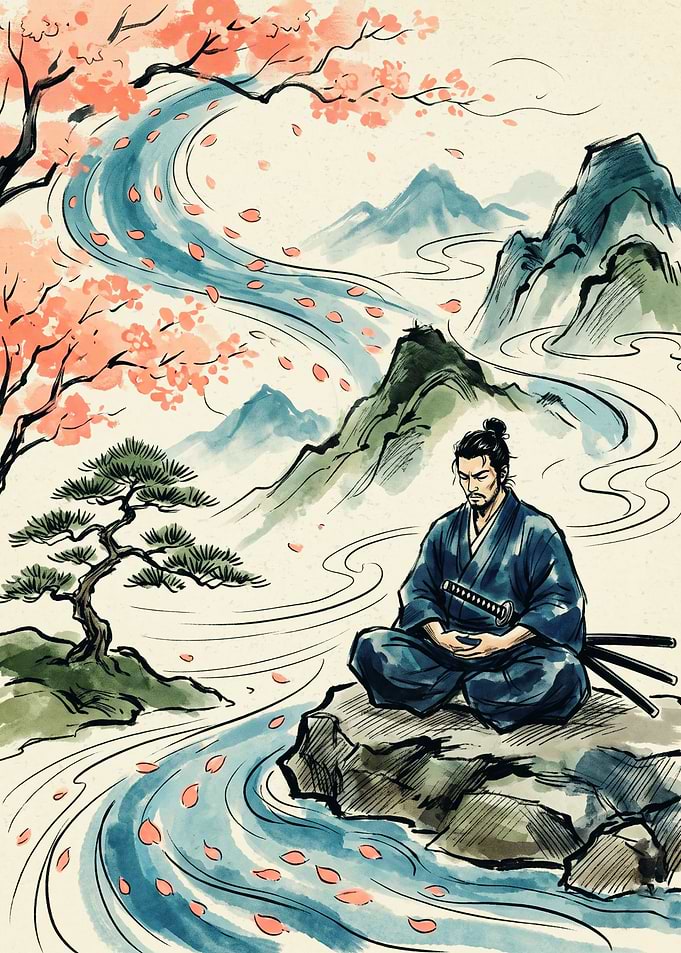 Samurai Meditation Japanese Ink Watercolor Art Cherry Blossom River Mountain Landscape