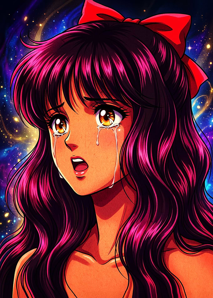 Crying Anime Girl with Cosmic Background