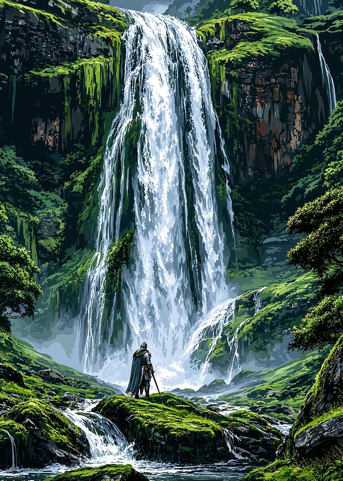 Knight Standing Before Majestic Waterfall