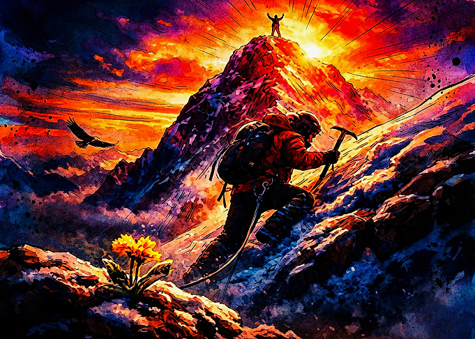 Climber Reaching Mountain Peak at Sunset
