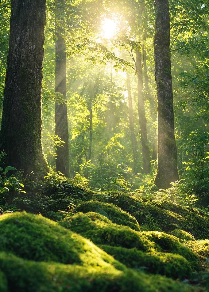 Sunlight Streaming Through Mossy Forest
