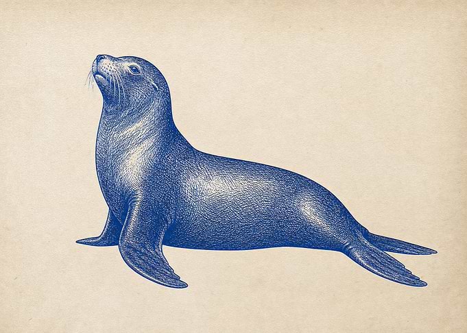 Vintage Style Blue Sea Lion Illustration