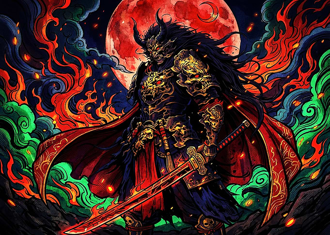 Demonic Samurai Warrior with Flaming Sword