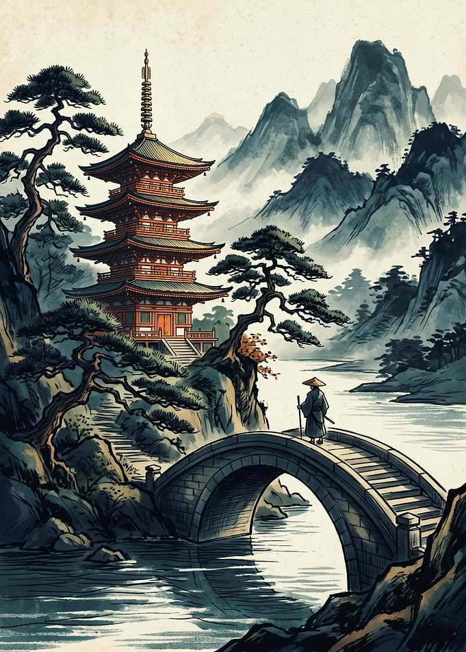 Samurai Bridge Japanese Pagoda Watercolor Art Mountain Landscape Asian Zen Wall Decor