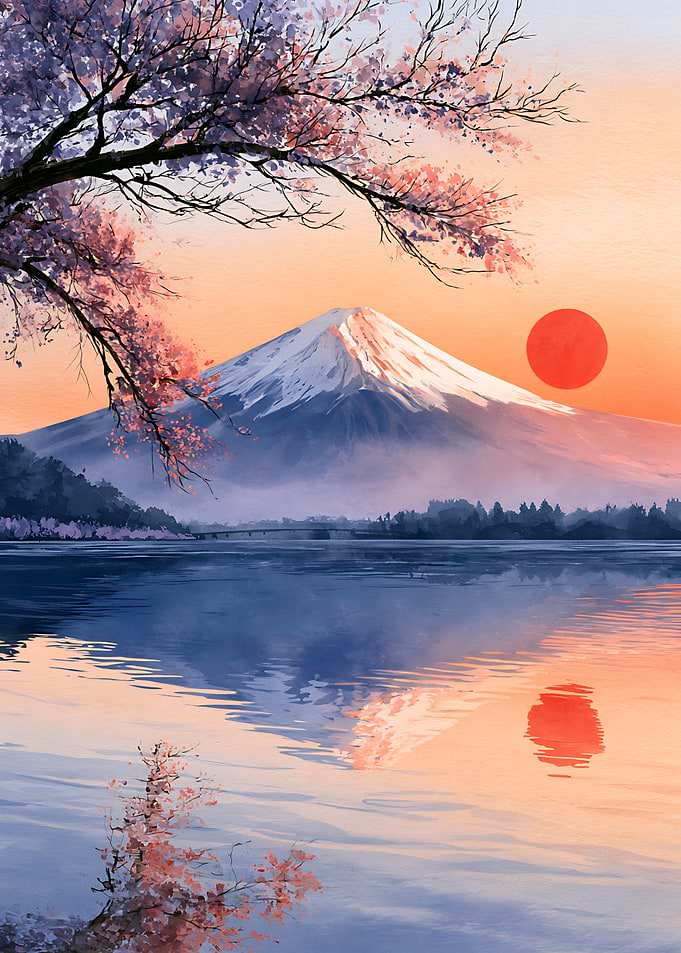 Mount Fuji at Sunset with Cherry Blossoms