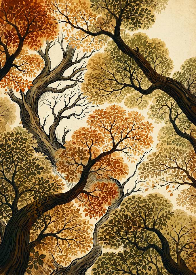 Autumn Trees Forest Vintage Botanical Art Print Fall Foliage Canopy Nature Wall Decor
