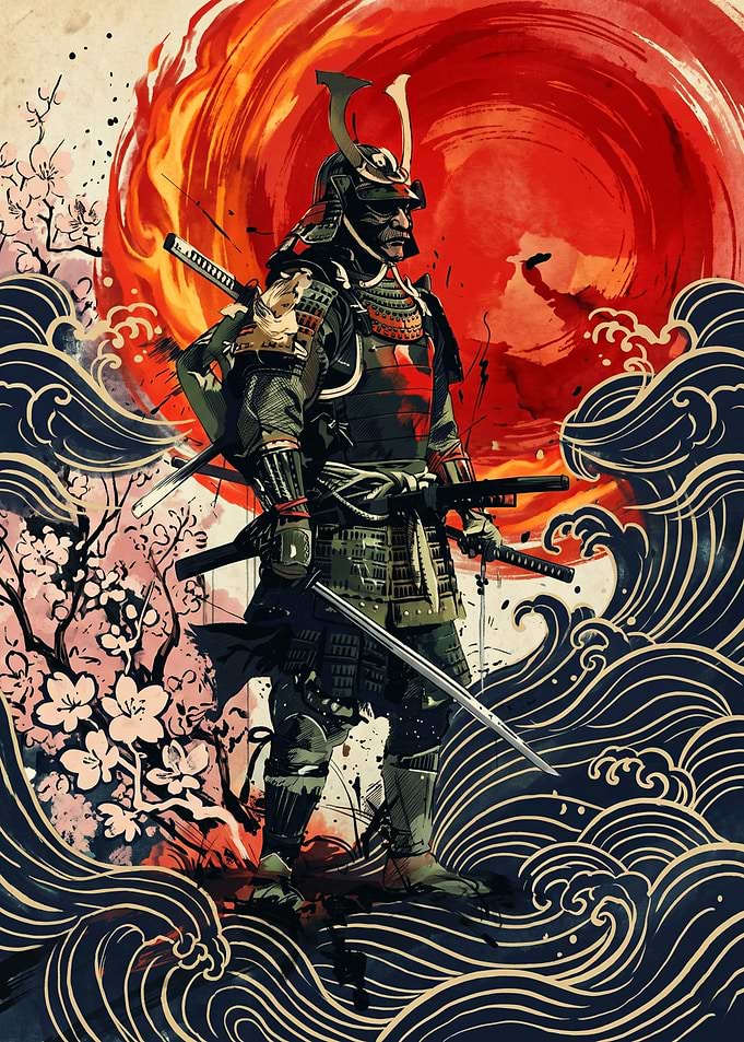 Samurai Warrior Japanese Art Red Sun Ocean Waves Cherry Blossom Ukiyo E Style Poster