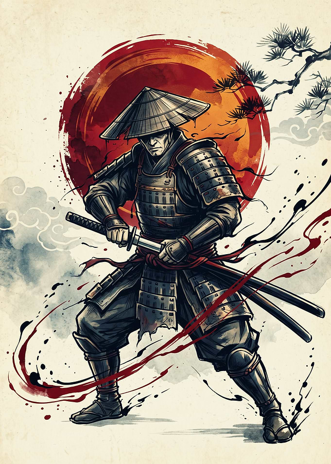 Samurai Warrior Japanese Watercolor Art Red Sun Katana Sword Ink Painting Wall Poster