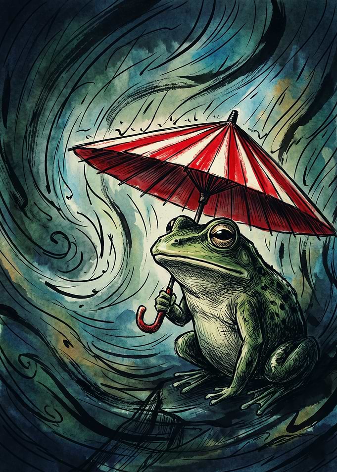 Frog With Umbrella Japanese Watercolor Art Stormy Wind Aesthetic Print Poster