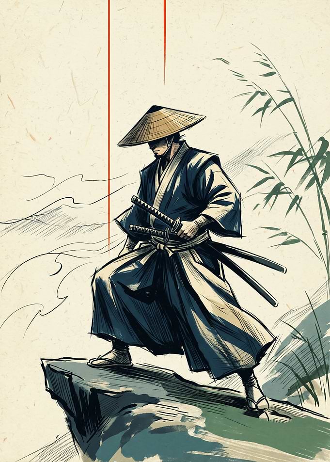 Samurai Ronin Japanese Ink Sketch Art Bamboo Tree Cliff Edge Warrior Aesthetic Poster