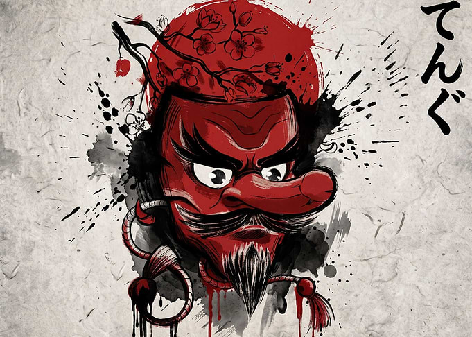 Japanese Tengu Mask Ink Illustration