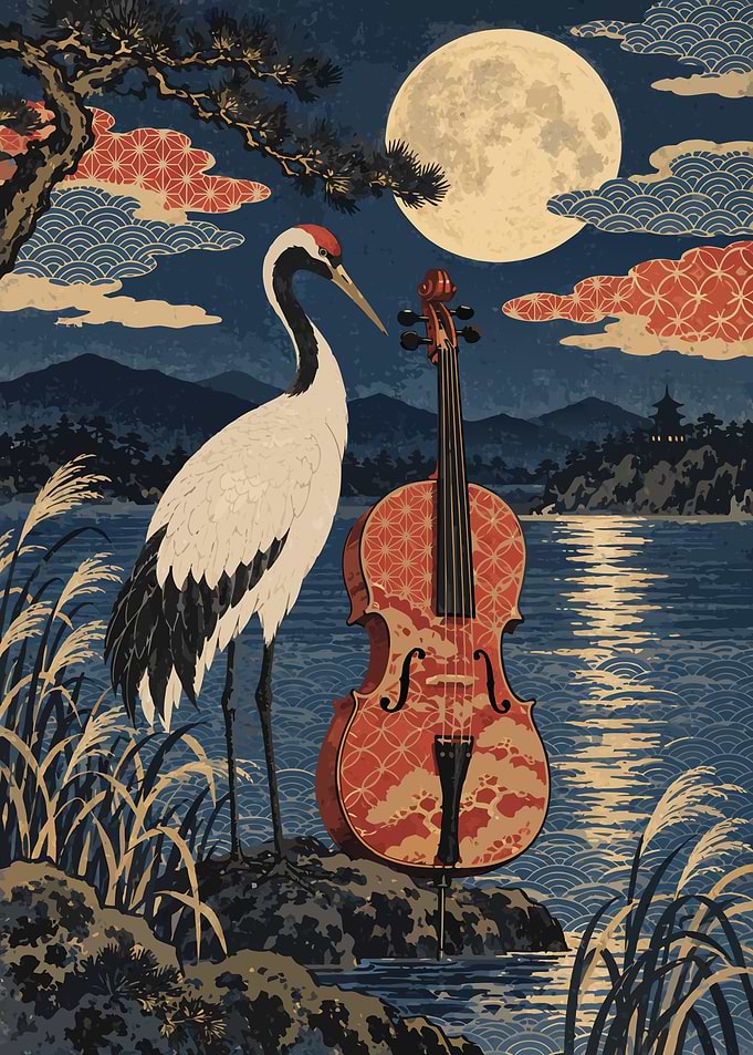 Moonlit Crane and Cello — Japanese Ukiyo-e Art