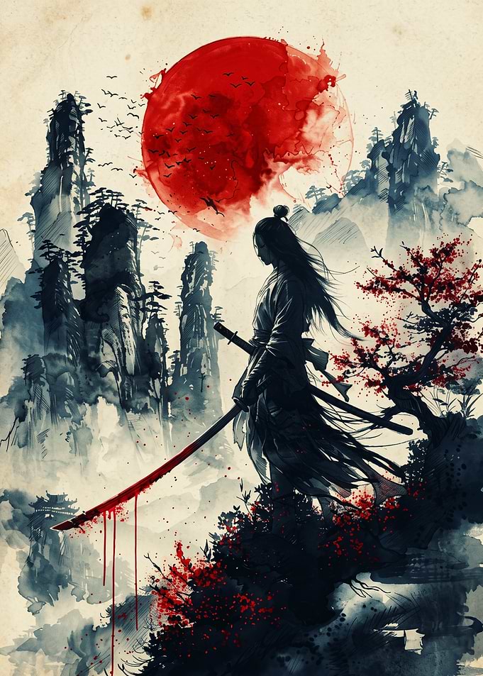 Samurai Warrior Japanese Watercolor Art Red Sun Mountain Landscape Cherry Blossom Poster