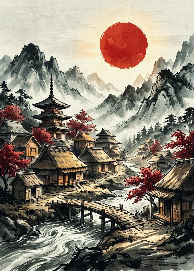 Japanese Village Mountain Landscape Ink Wash Painting Red Sun Pagoda Aesthetic Poster