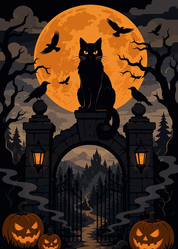 Spooky Halloween Cat and Moon Scene