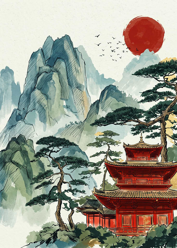 Japanese Pagoda Red Sun Mountain Watercolor Painting Traditional Asian Landscape Art