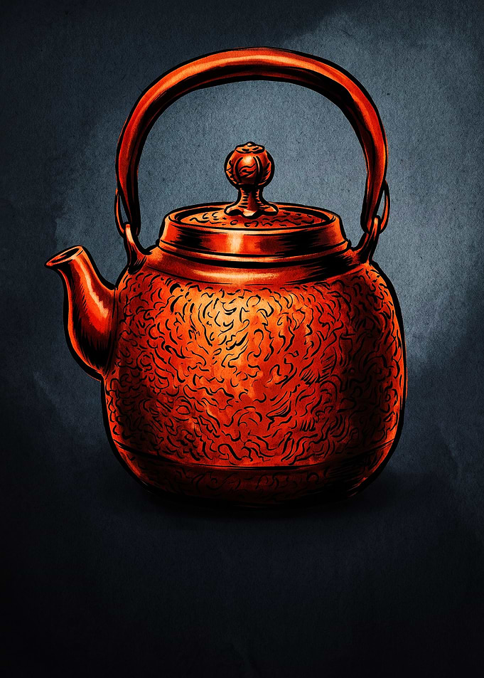 Ornate Copper Japanese Tea Kettle