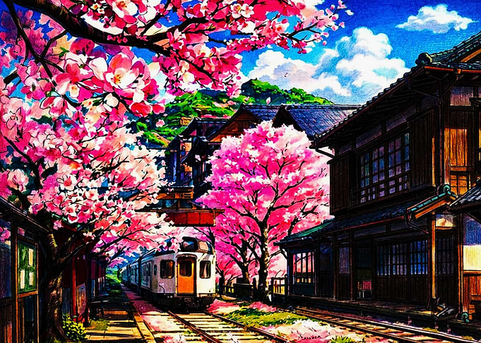 Train Passing Through Cherry Blossom Trees