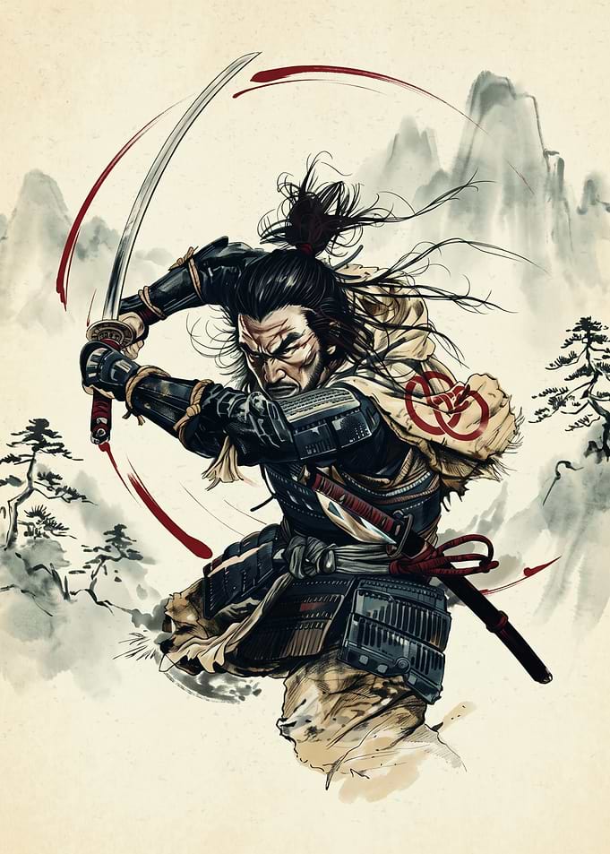 Samurai Warrior Japanese Ink Painting Action Brush Stroke Mountain Landscape Wall Art