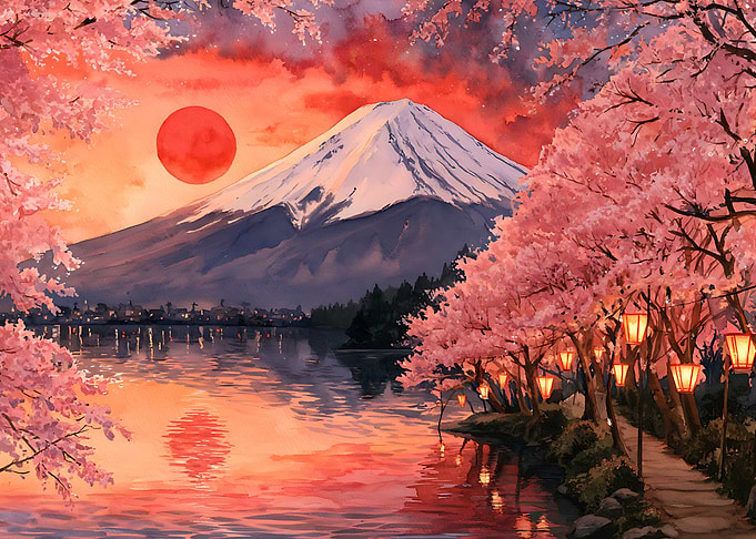 Mount Fuji Sunset with Cherry Blossoms