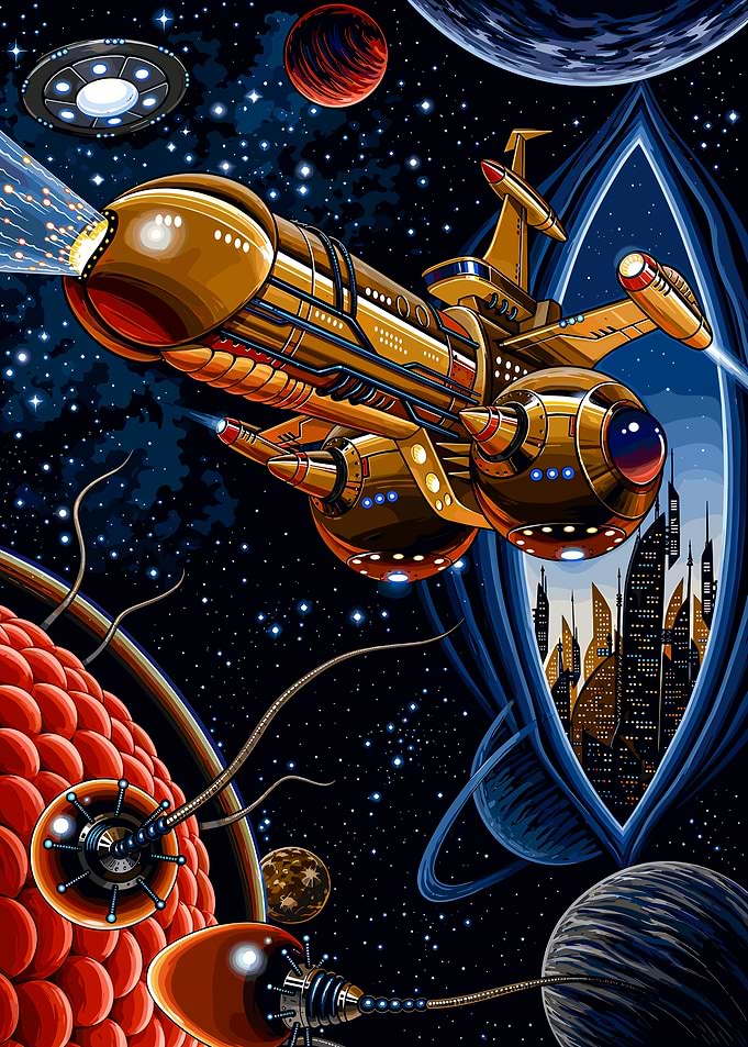 Retro Futuristic Space Exploration Scene