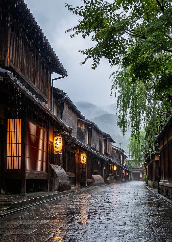 Rainy Traditional Japanese Street Scene