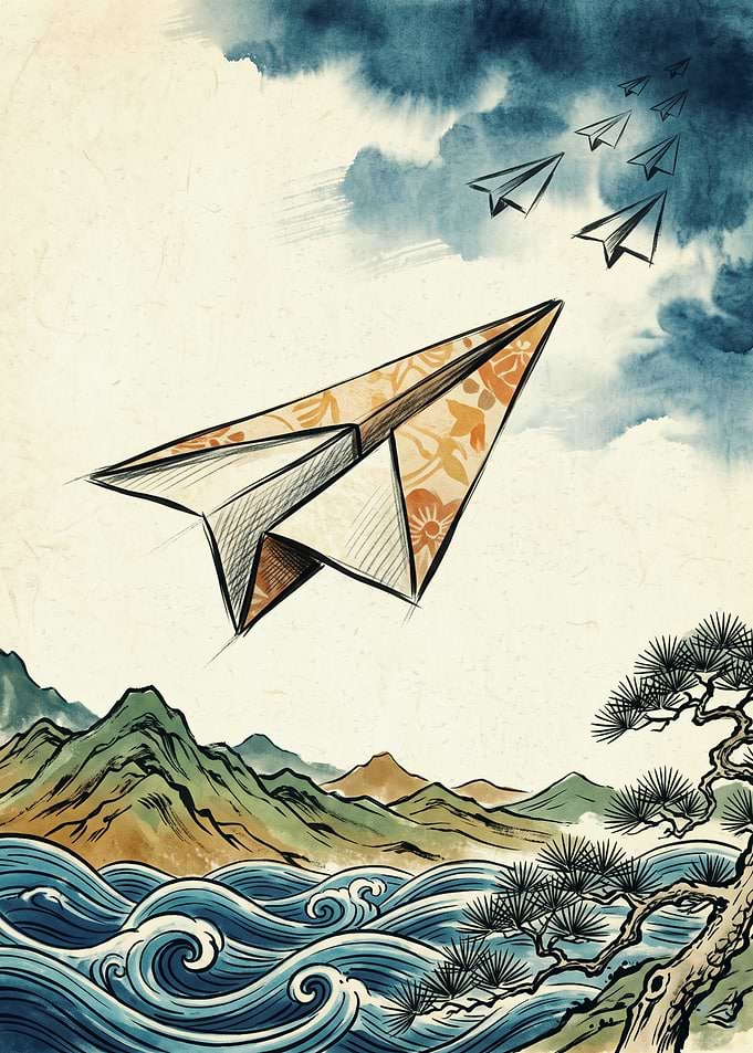 Paper Airplane Travel Japanese Watercolor Art Mountains Ocean Waves Landscape Poster